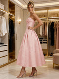 Jacquard Satin Prom Dresses for Women Strapless Tea Length Sweetheart Neck A-line Formal Party Dress with Pockets