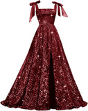 Bow Straps Prom Dresses 2026 Sparkly Sequin Square Neck Ruched Long Puffy Ball Gown Formal Dress with Slit Pockets