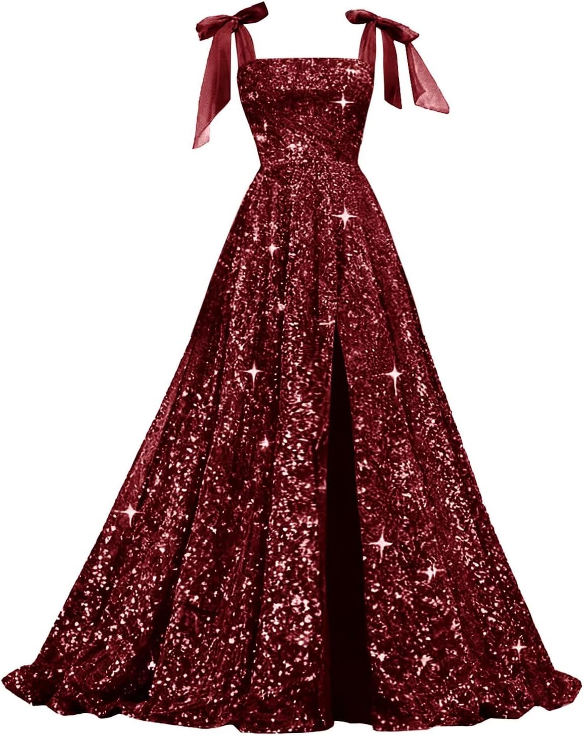 Bow Straps Prom Dresses 2026 Sparkly Sequin Square Neck Ruched Long Puffy Ball Gown Formal Dress with Slit Pockets