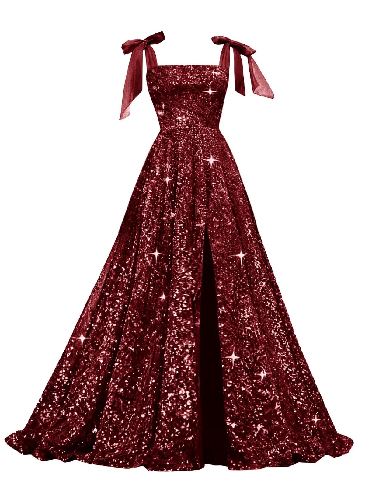 Bow Straps Prom Dresses 2026 Sparkly Sequin Square Neck Ruched Long Puffy Ball Gown Formal Dress with Slit Pockets