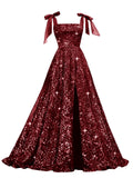 Bow Straps Prom Dresses 2026 Sparkly Sequin Square Neck Ruched Long Puffy Ball Gown Formal Dress with Slit Pockets