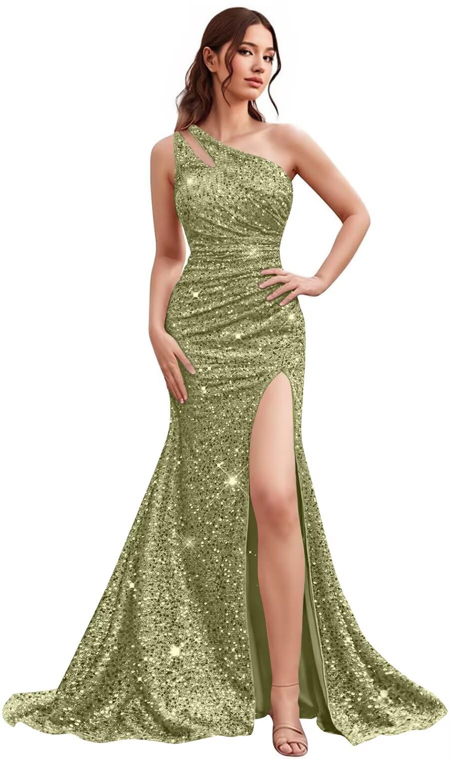 Kingbridal Gowns One Shoulder Sequin Prom Dresses with Slit 2026 Mermaid Formal Dress for Women Sparkly Ruched Evening Party Gowns
