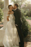 A-Line Satin Off the Shoulder Wedding Dresses with Slit