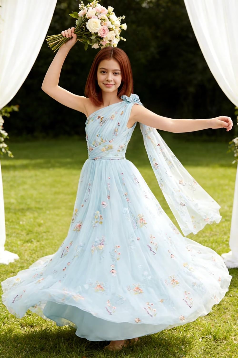 One Shoulder Long Tulle Junior Bridesmaid Dresses for Wedding Flower Girl Dress Formal Prom Gown
