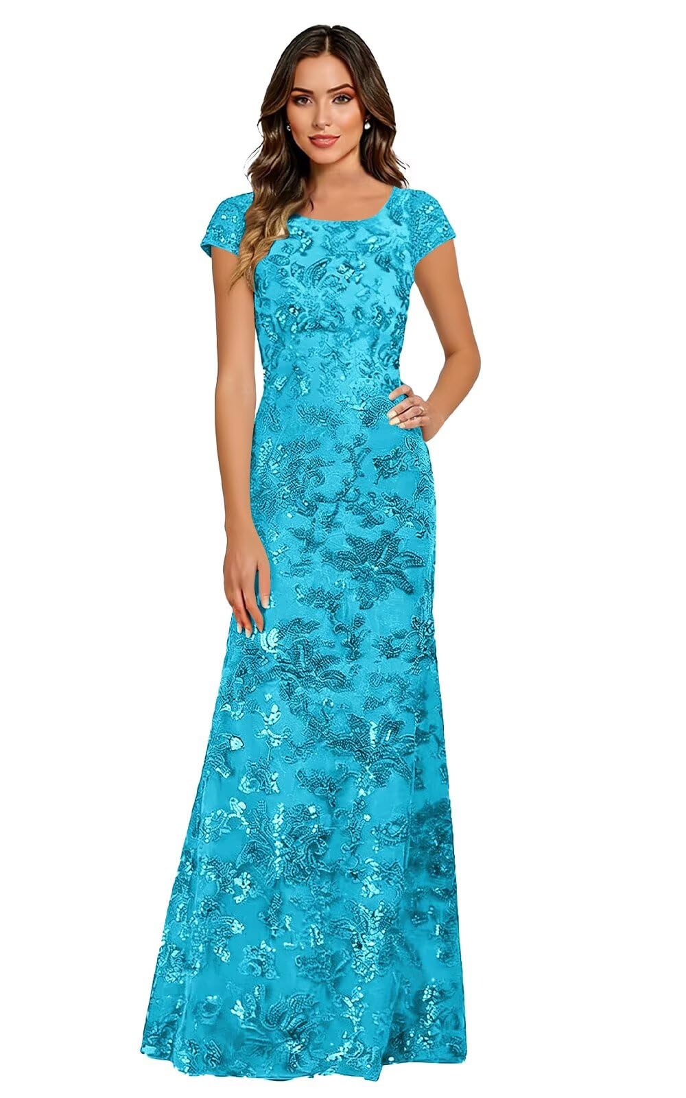 Lace Appliques Scoop Neck Sequin Mother of the Bride Dresses Mermaid Short Sleeve Formal Evening Gowns