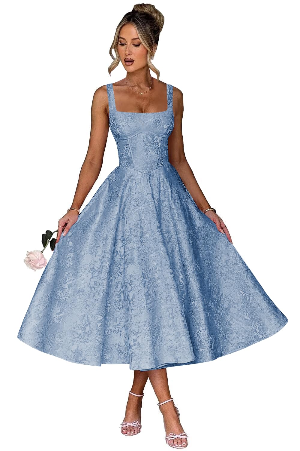 Floral Satin Jacquard Prom Dresses 2026 A-Line Tea Length Midi Square Neck Evening Party Gown with Pockets for Women