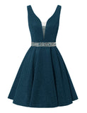 Satin Glitter Homecoming Dresses for Teens Short Prom Dress V-Neck Beaded Evening Formal Cocktail Party Gowns