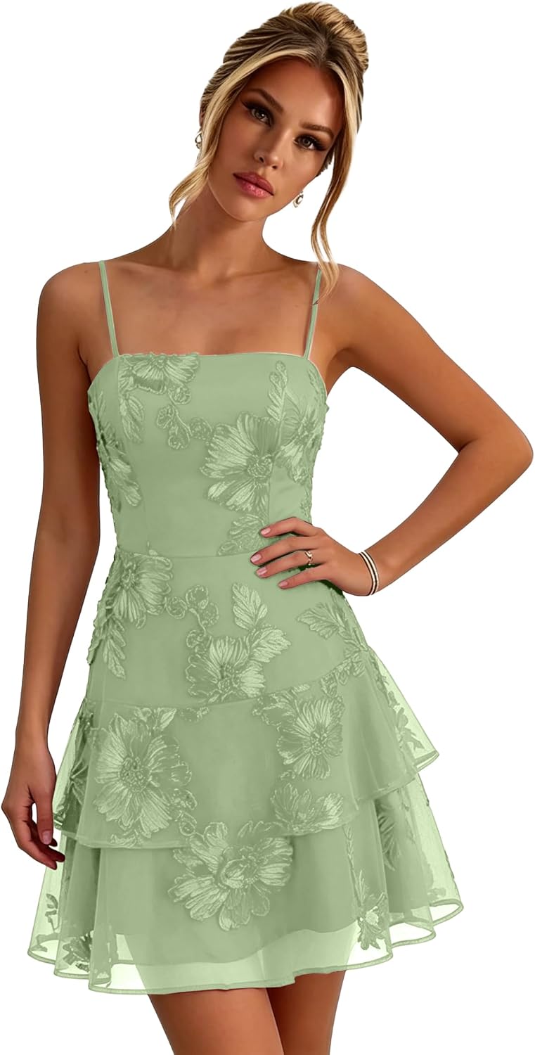 Floral Tiered Homecoming Dresses Mini Ruffle Graduation Dress Lace Short Prom Party Gown for Teens