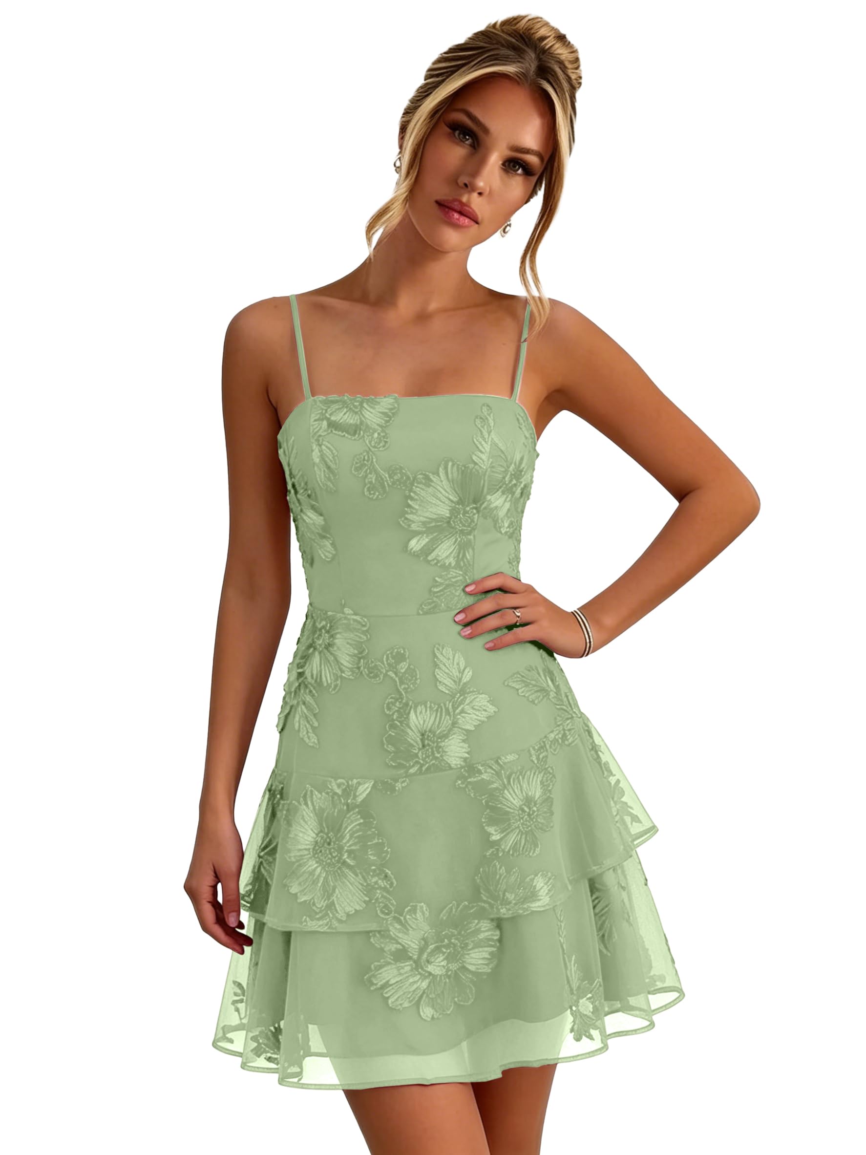Floral Tiered Homecoming Dresses Mini Ruffle Graduation Dress Lace Short Prom Party Gown for Teens