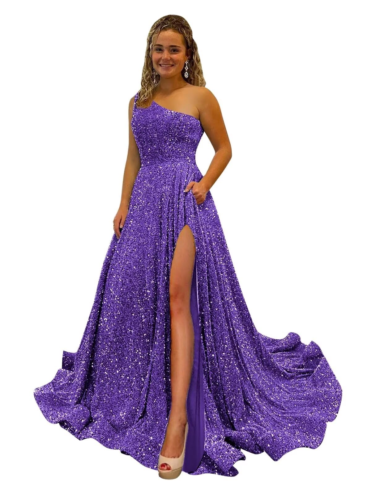 One Shoulder Sequin Prom Dresses for Women Long Sparkly A-Line Slit Formal Evening Party Ball Gowns with Pockets