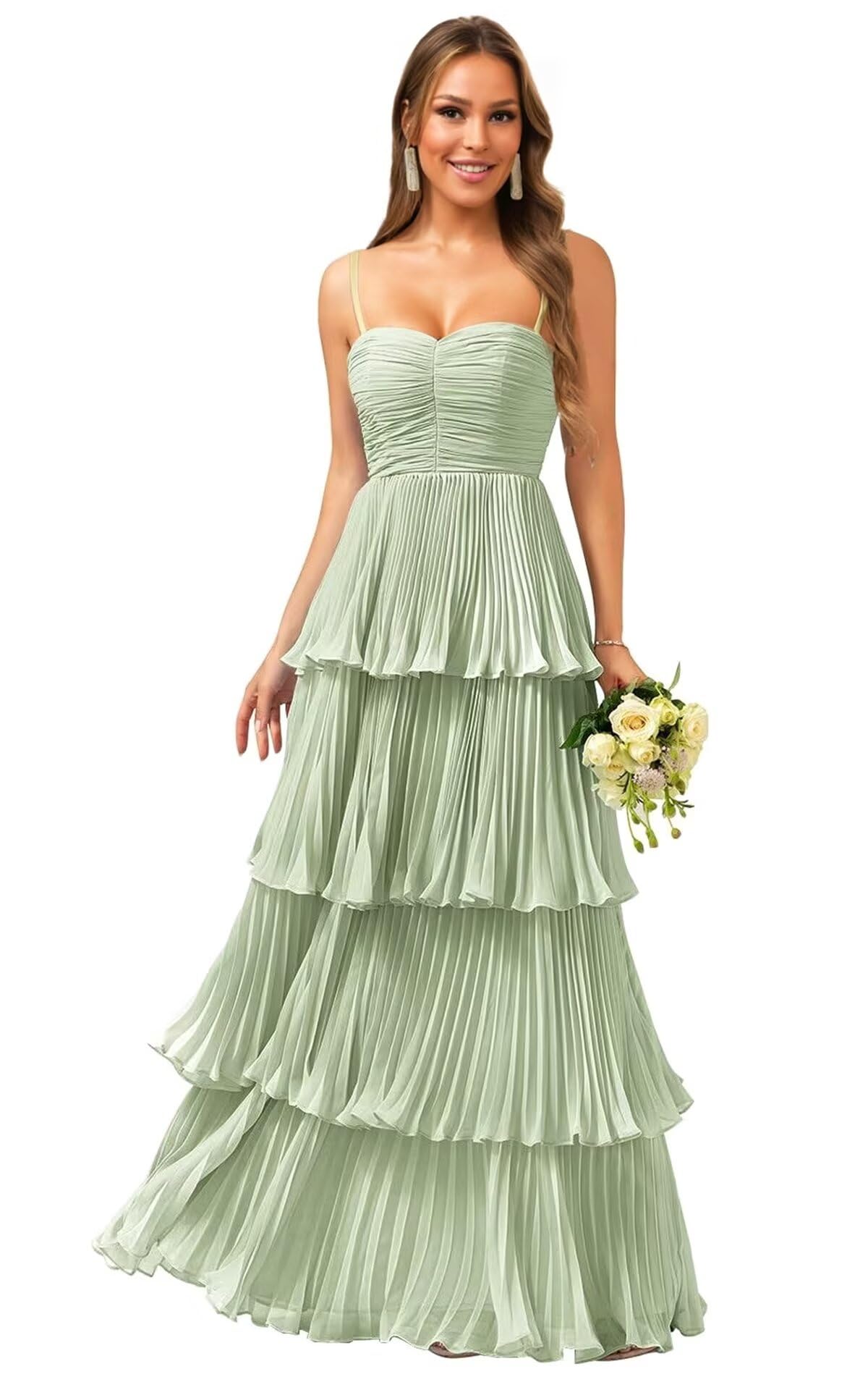 Tiered Ruffle Bridesmaid Dresses for Women Spaghetti Straps Long Chiffon Formal Evening Prom Gowns
