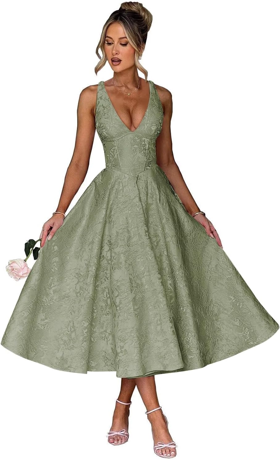 V Neck Tea Length Prom Dress for Women Satin Evening Party Gown A Line Cocktail Dress