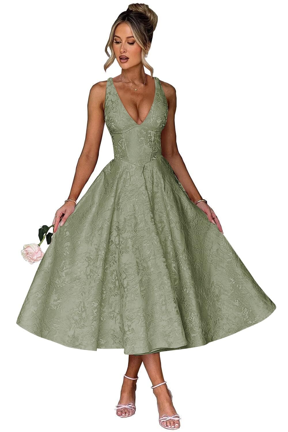 V Neck Tea Length Prom Dress for Women Satin Evening Party Gown A Line Cocktail Dress