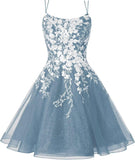 Sparkly Lace Applique Homecoming Dresses for Teens Short Corset Tulle Spaghetti Strap Prom Cocktail Party Dress