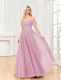 Off Shoulder Tulle Ball Gowns for Women Lace Appliques Beaded Prom Dress Sparkly Long A-line Evening Gowns