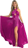 Vestido de fiesta de satén metálico brillante con abertura para mujer, vestido formal de noche plisado con cuello halter 