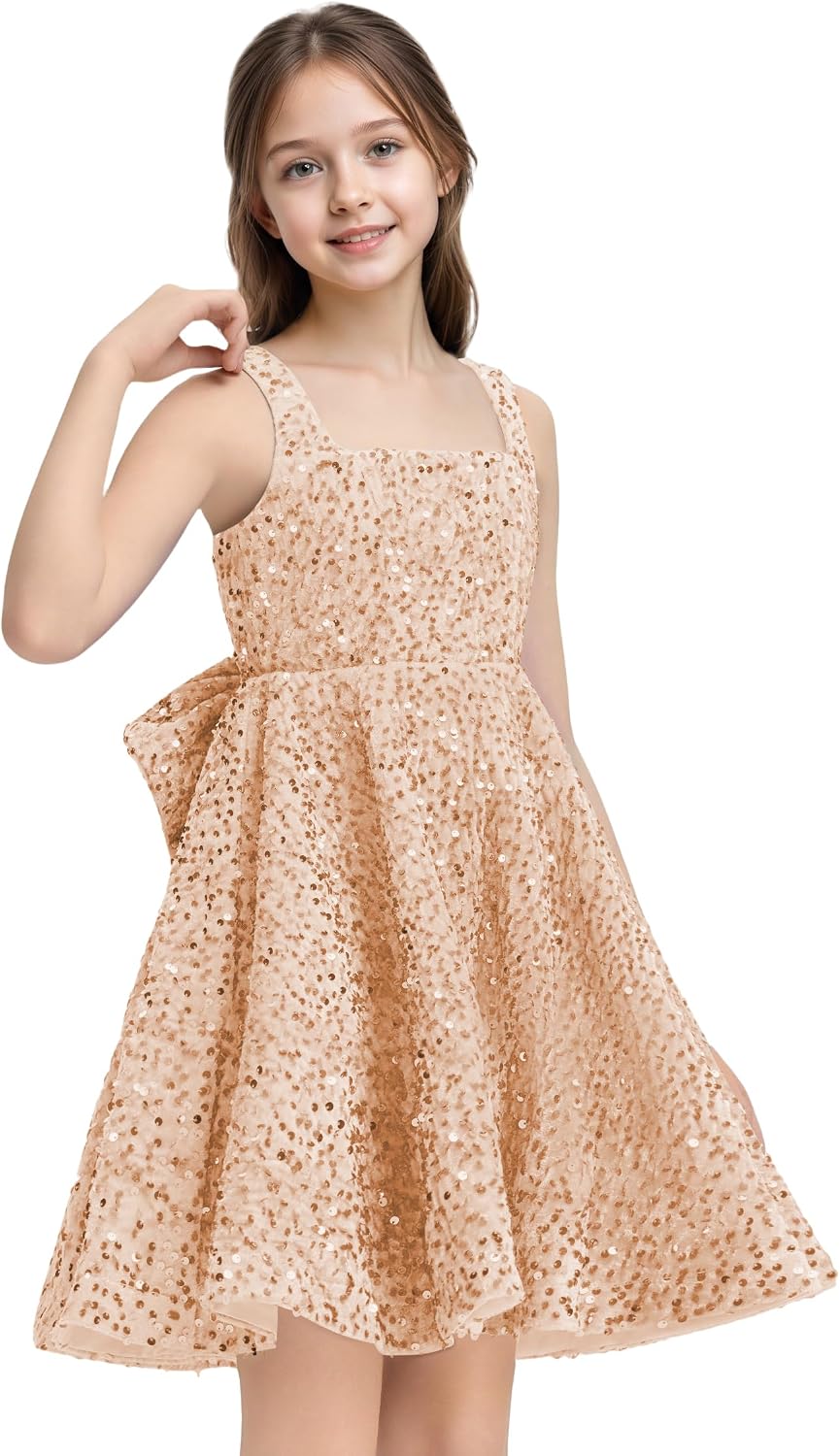 Sequins Flower Girl Dresses Short - Square Neck Princess Pageant Dress Kids A Line Communion Formal Party Gown