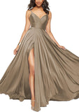 Satin Bridesmaid Dresses for Women Spaghetti Straps Wedding Guest Dress Long V Neck Formal Gown with Slit