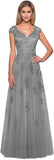 Women's V Neck Cap Sleeves Mother of The Bride Dresses Long Lace Formal Prom Evening Gowns with Pockets