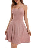 Spaghetti Straps Sparkly Homecoming Dress Fit and Flare Glitter Mini Swing Semi Formal Prom Party Club Dress