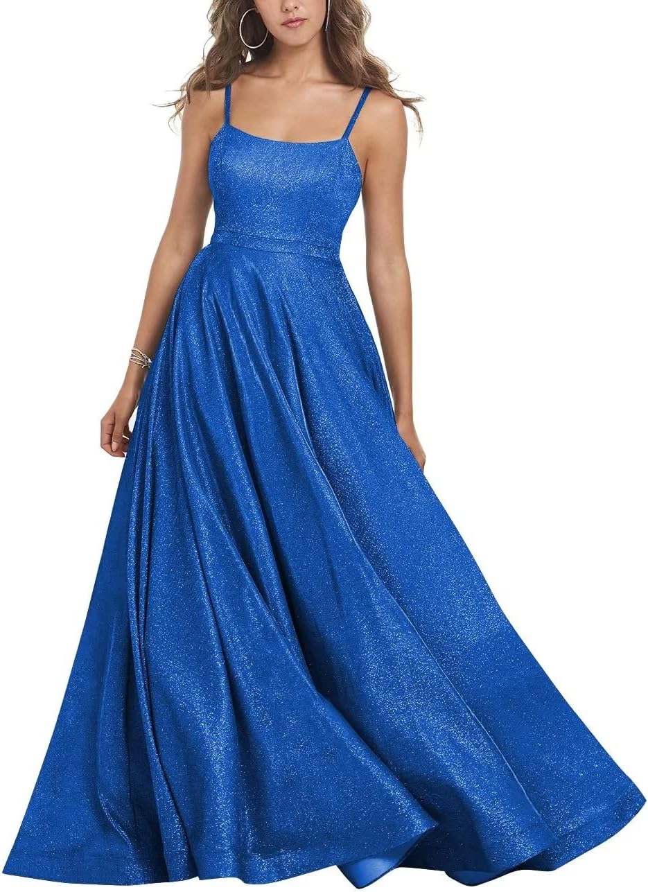 Women's Glitter Prom Dresses Long Ball Gown Spaghetti Straps Neck Formal Evening Party Dress for Teens