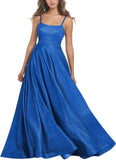 Women's Glitter Prom Dresses Long Ball Gown Spaghetti Straps Neck Formal Evening Party Dress for Teens