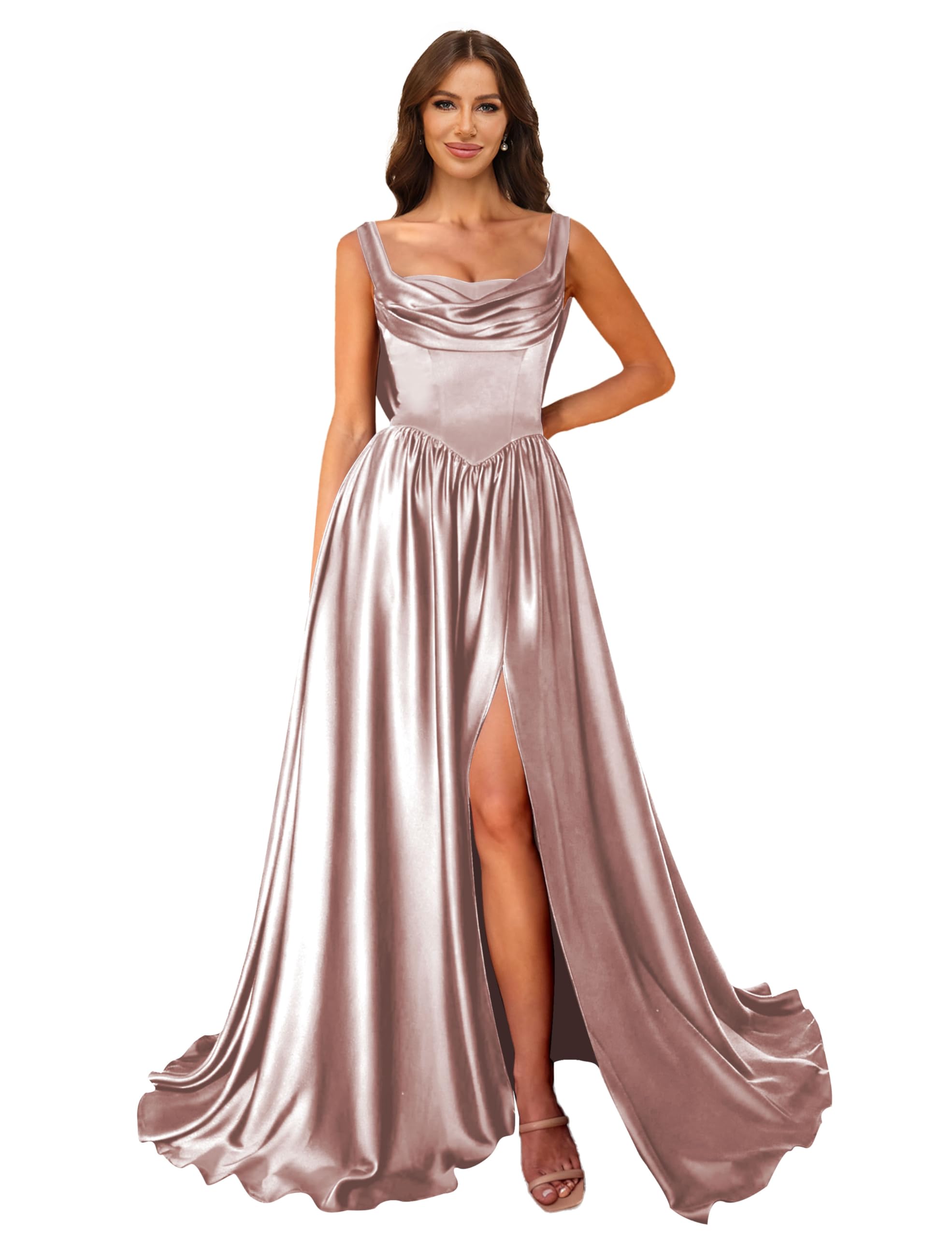 Cowl Neck Satin Prom Dresses Corset Ball Gown Long Puffy A-Line Formal Evening Gown with Slit