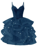 Glitter Tulle Homecoming Dresses 2026 Tiered Ruffles Lace Short Prom Dress for Teens Quinceanera Gowns