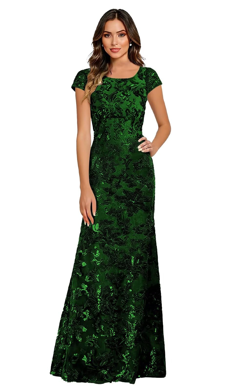 Lace Appliques Scoop Neck Sequin Mother of the Bride Dresses Mermaid Short Sleeve Formal Evening Gowns