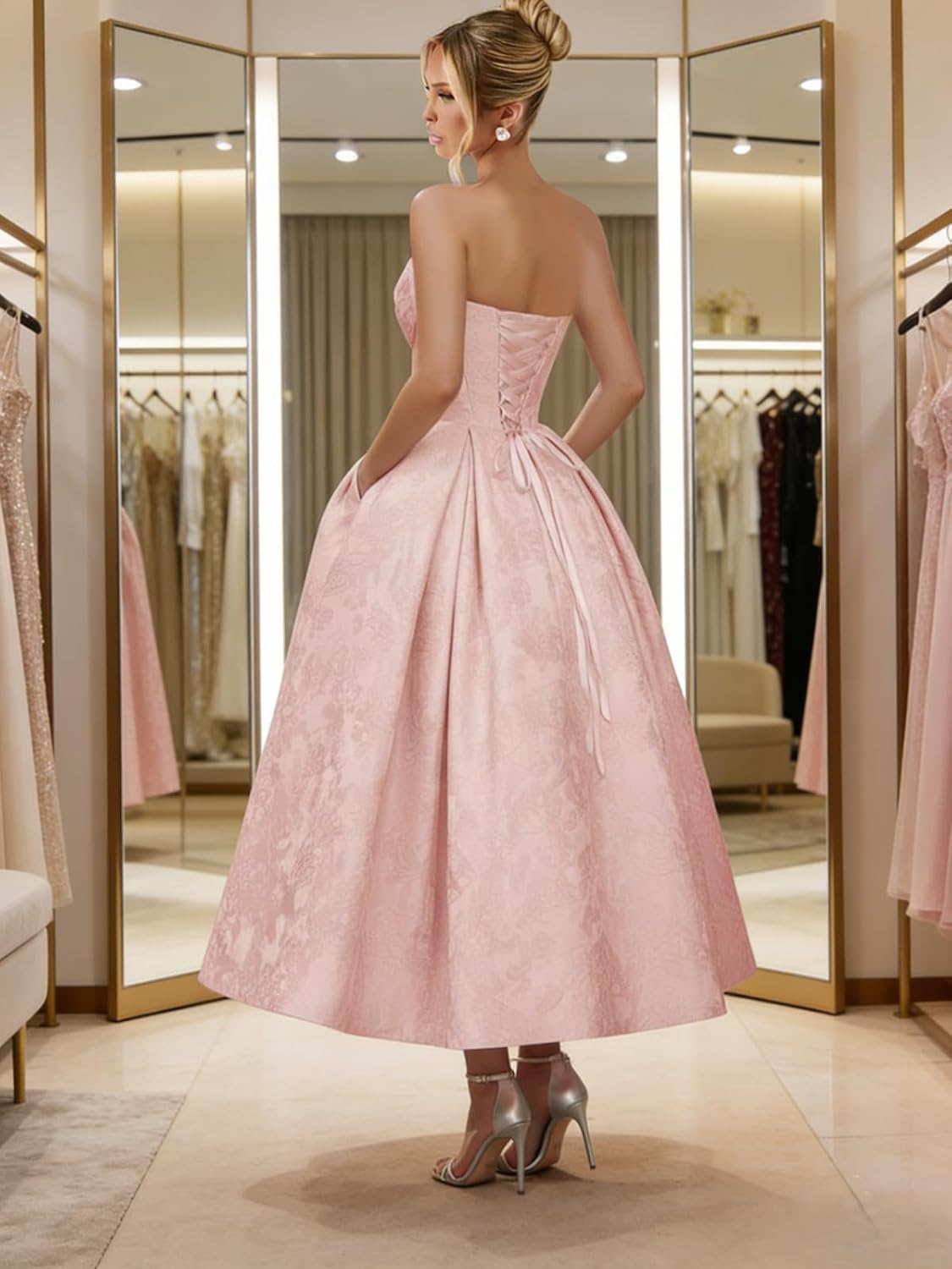 Jacquard Satin Prom Dresses for Women Strapless Tea Length Sweetheart Neck A-line Formal Party Dress with Pockets