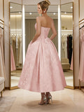 Jacquard Satin Prom Dresses for Women Strapless Tea Length Sweetheart Neck A-line Formal Party Dress with Pockets