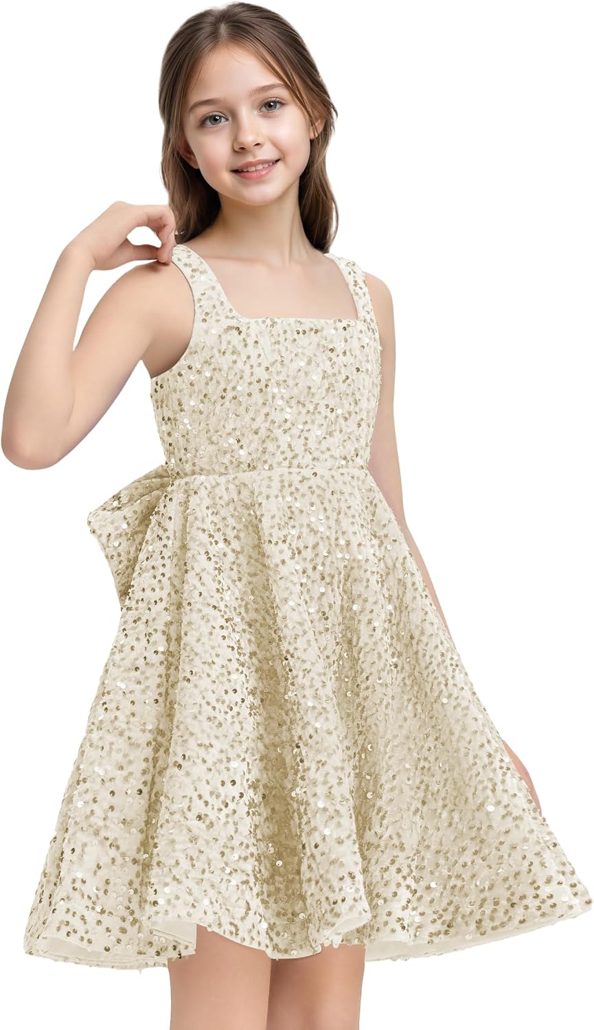 Sequins Flower Girl Dresses Short - Square Neck Princess Pageant Dress Kids A Line Communion Formal Party Gown