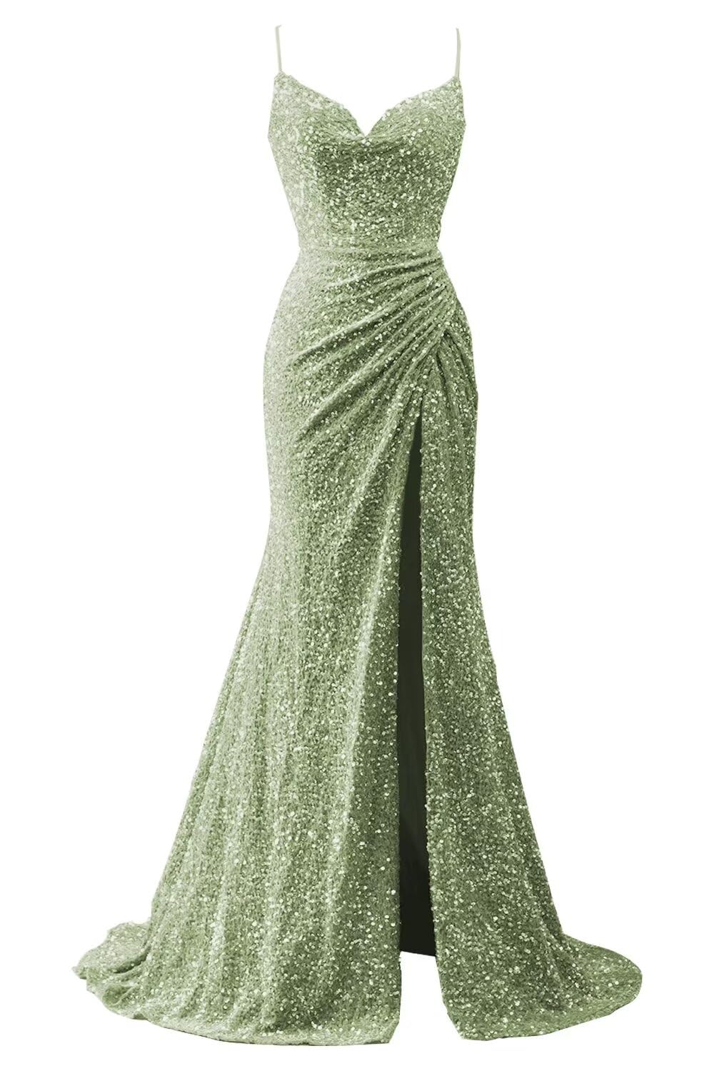 Spaghetti Straps Sequin Prom Dresses for Women 2027 Mermaid Ruched Formal Dress with Slit Sparkly Evening Party Gown