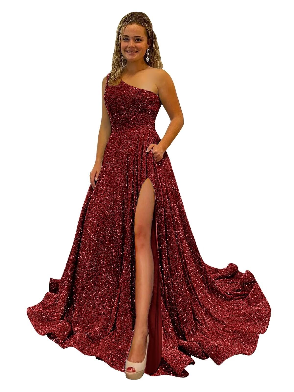 One Shoulder Sequin Prom Dresses for Women Long Sparkly A-Line Slit Formal Evening Party Ball Gowns with Pockets