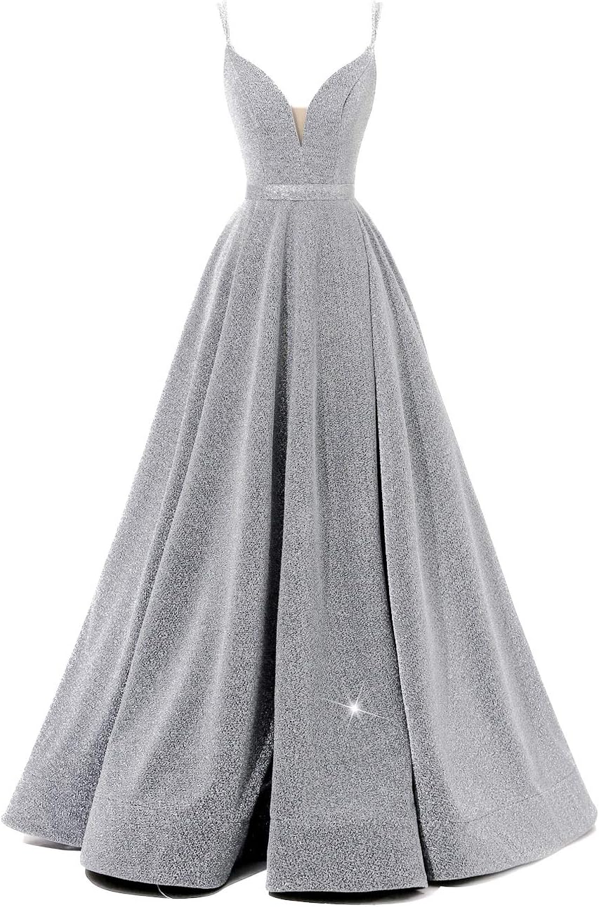 Women's Glittery Spaghetti V-Neck Prom Dresses Long Side Split Formal Evening Gowns