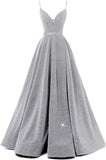 Women's Glittery Spaghetti V-Neck Prom Dresses Long Side Split Formal Evening Gowns