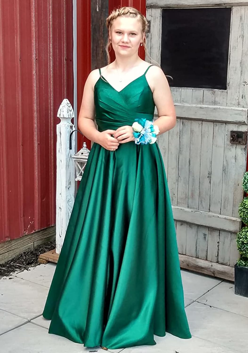 Women's Spaghetti Straps Satin Prom Dresses with Pockets V Neck Pleated Formal Evening Ball Gowns