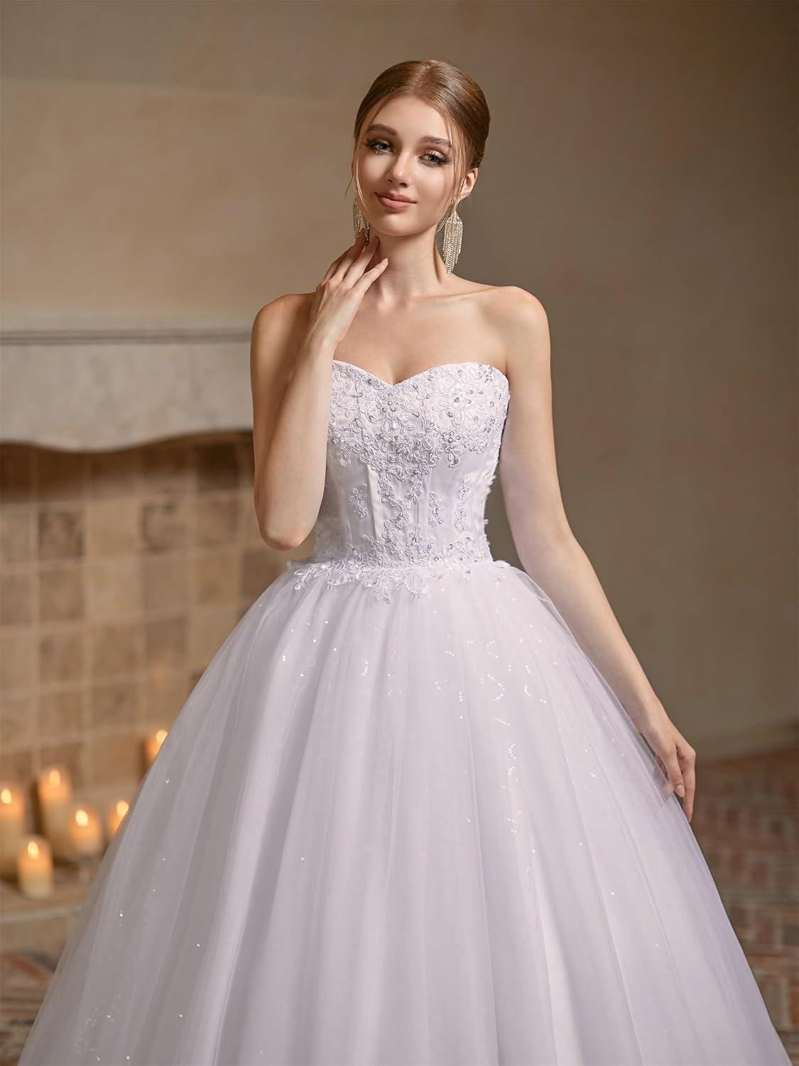 Women's Sweetheart Applique Beaded Corset Bridal Shiny Tull Wedding Dresses for Bride