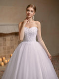 Women's Sweetheart Applique Beaded Corset Bridal Shiny Tull Wedding Dresses for Bride