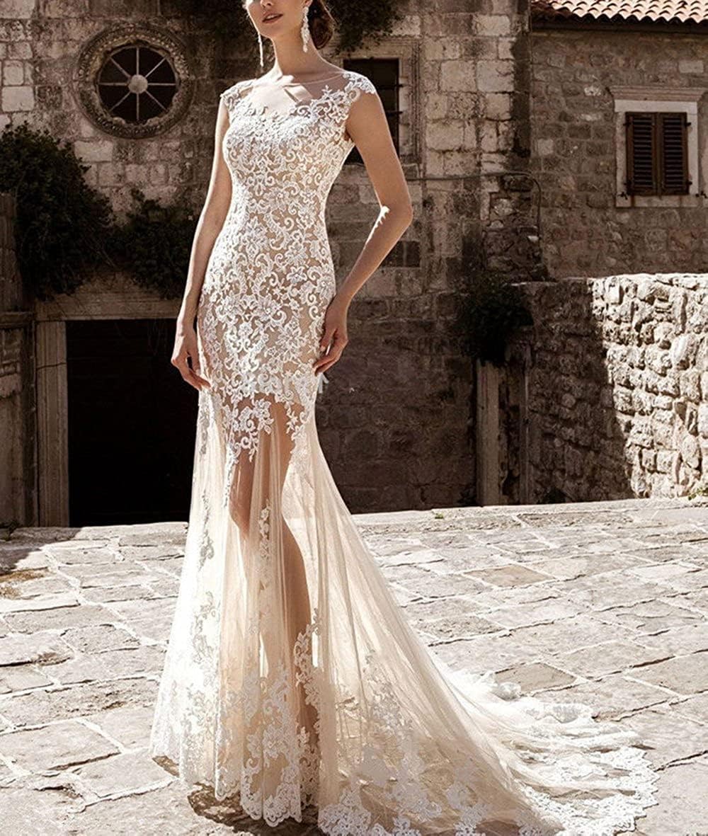Mermaid Lace Cap Wedding Dress with Detachable Tulle Train for Bride Evening Prom Gown