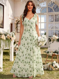 Chiffon Bridesmaid Dresses for Women Ruffles V Neck Flowy Long Formal Evening Dress with Bow