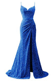Spaghetti Straps Sequin Prom Dresses for Women 2027 Mermaid Ruched Formal Dress with Slit Sparkly Evening Party Gown