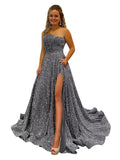 One Shoulder Sequin Prom Dresses for Women Long Sparkly A-Line Slit Formal Evening Party Ball Gowns with Pockets