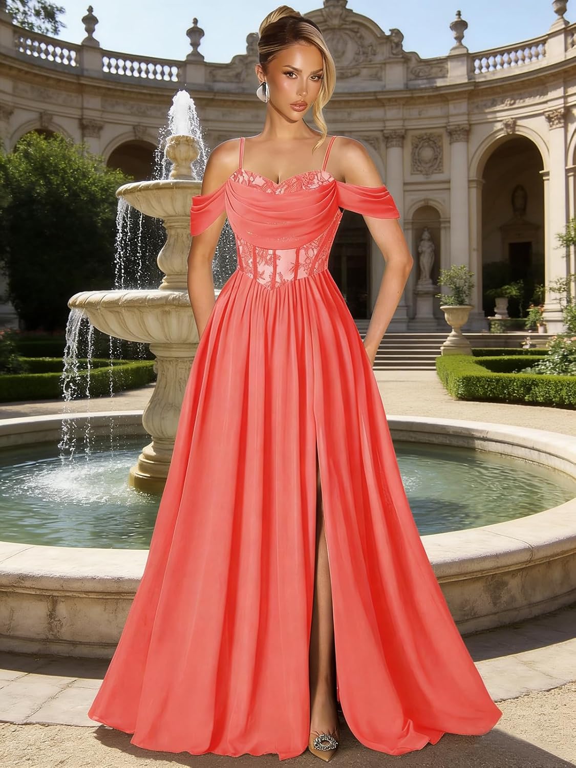 Off Shoulder Lace Applique Prom Dress with Slit A Line Ball Gown Pleated Corset Long Formal Evening Dresses