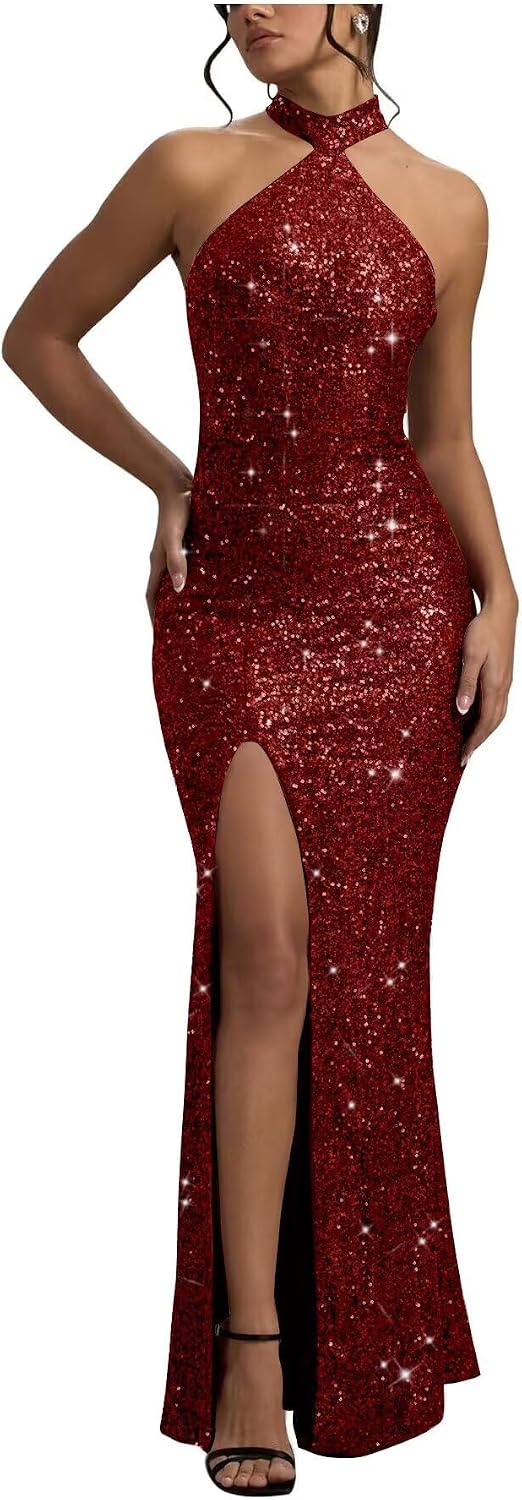 Sequin Mermaid Prom Dresses for Women Long Sparkly Halter-Neck Tight Backless Formal Evening Party Gowns with Slit