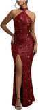 Sequin Mermaid Prom Dresses for Women Long Sparkly Halter-Neck Tight Backless Formal Evening Party Gowns with Slit