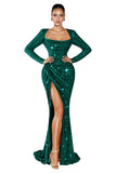 Mermaid Sequin Prom Dresses for Women 2026 Long Sleeve Ruched Formal Dress with Slit Sparkly Evening Party Gowns