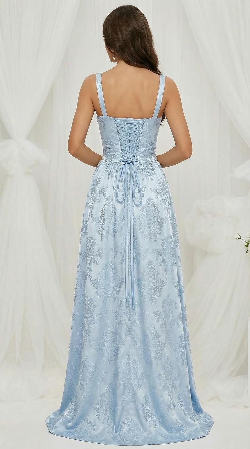 Jacquard Satin Prom Dresses with Slit Spaghetti Straps A Line Maxi Long Formal Dress