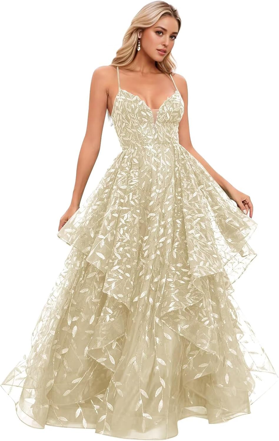 Spaghetti Strap Prom Dresses for Women V Neck Sparkly Sequin Tulle Tiered Ball Gown Long Formal Evening Dress