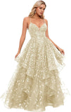Spaghetti Strap Prom Dresses for Women V Neck Sparkly Sequin Tulle Tiered Ball Gown Long Formal Evening Dress